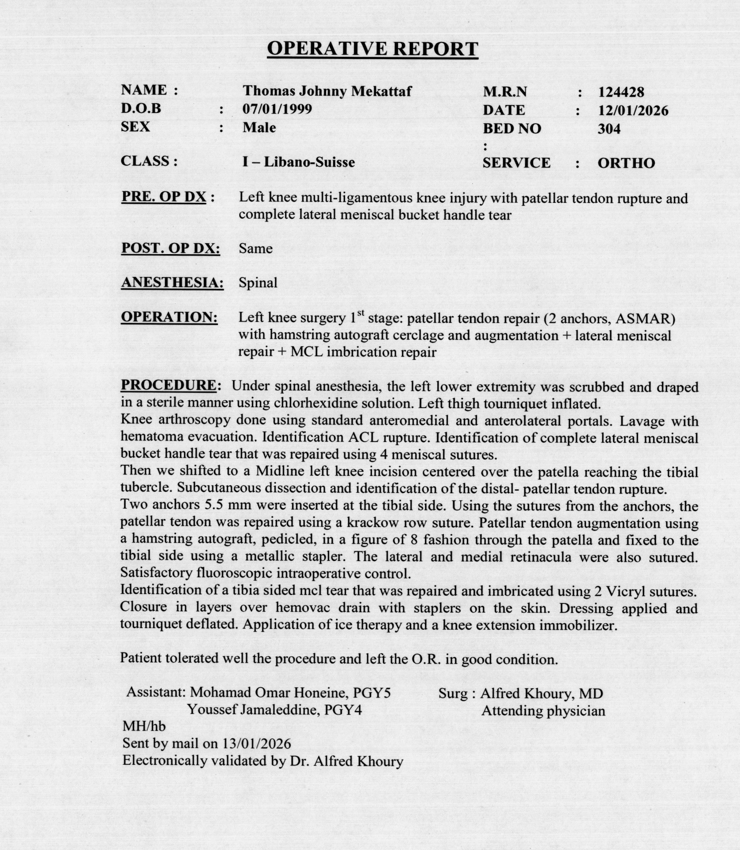 Compte rendu opératoire dactylographié, LAU Medical Center – Rizk Hospital, 12/01/2026
